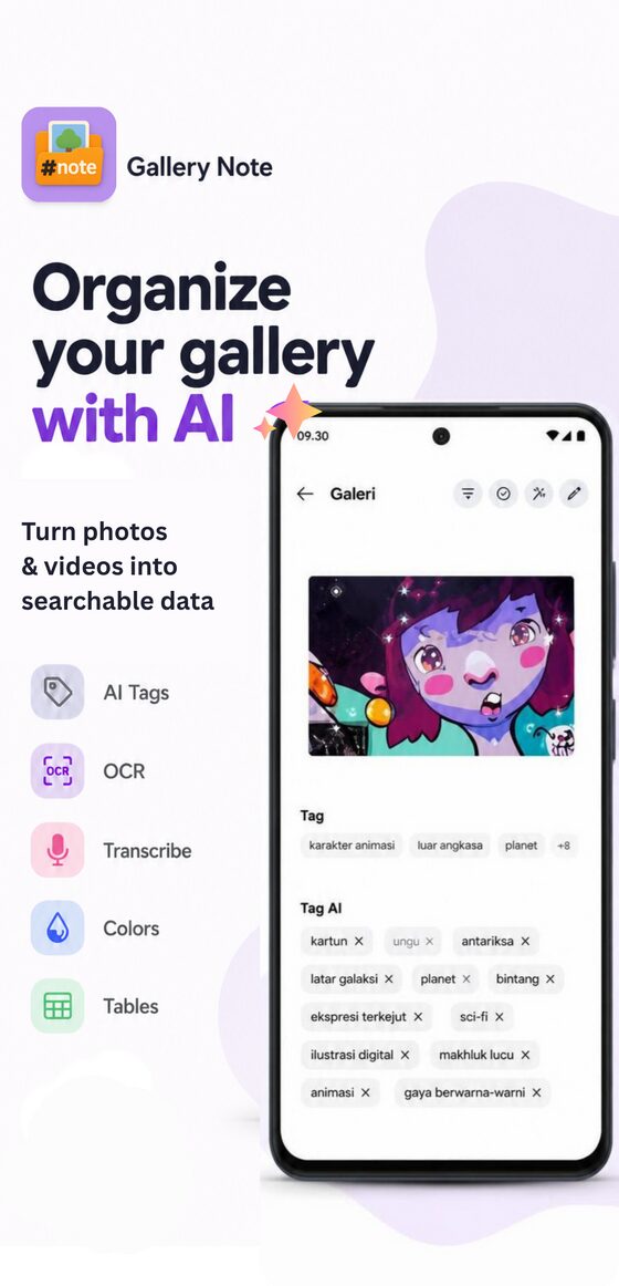 Gallery Note app screenshot showing AI photo tagging